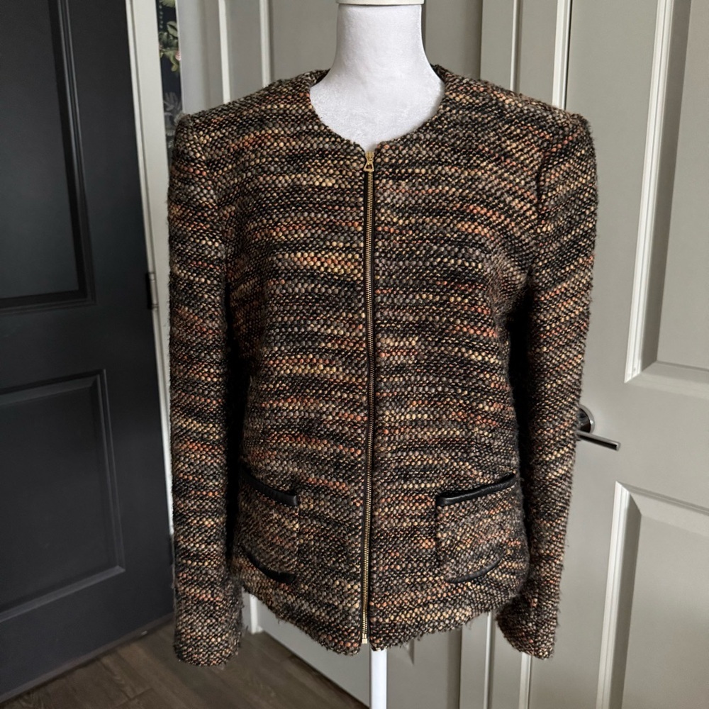 L’Agence Neural Multicolored Wool Blend Tweed Jacket with Leather Trim Size 8